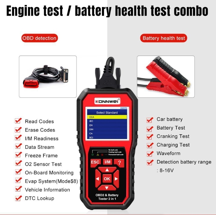 KONNWEI KW870 6V 12V Car Motorcycle Battery Tester OBD2 Diagnostics Tool Scanner 2 in1 Cranking Charging Test Tools for the Car