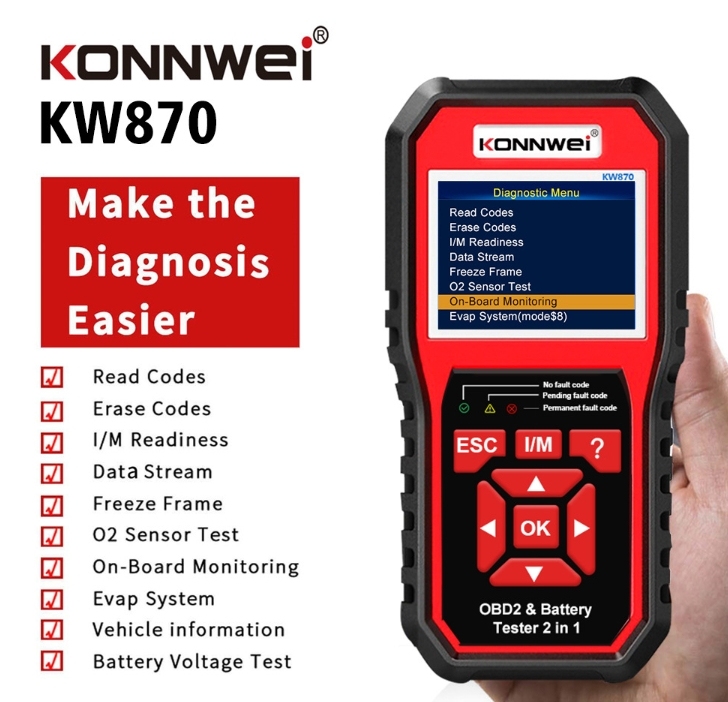 KONNWEI KW870 6V 12V Car Motorcycle Battery Tester OBD2 Diagnostics Tool Scanner 2 in1 Cranking Charging Test Tools for the Car