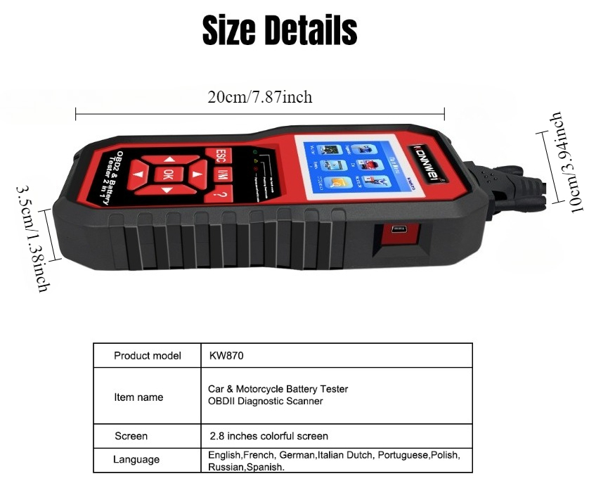 KONNWEI KW870 6V 12V Car Motorcycle Battery Tester OBD2 Diagnostics Tool Scanner 2 in1 Cranking Charging Test Tools for the Car