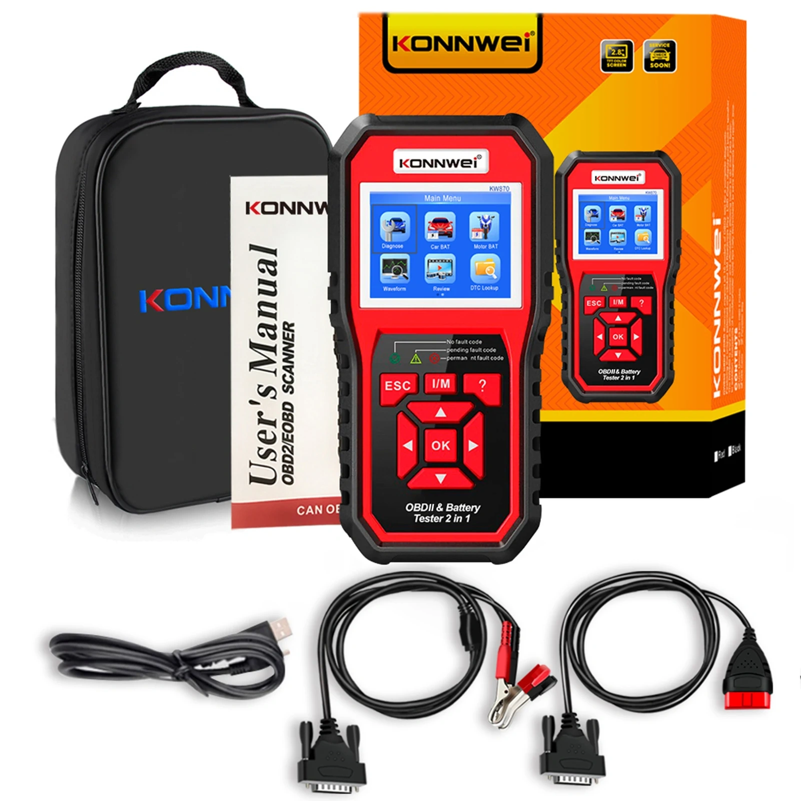 KONNWEI KW870 6V 12V Car Motorcycle Battery Tester OBD2 Diagnostics Tool Scanner 2 in1 Cranking Charging Test Tools for the Car
