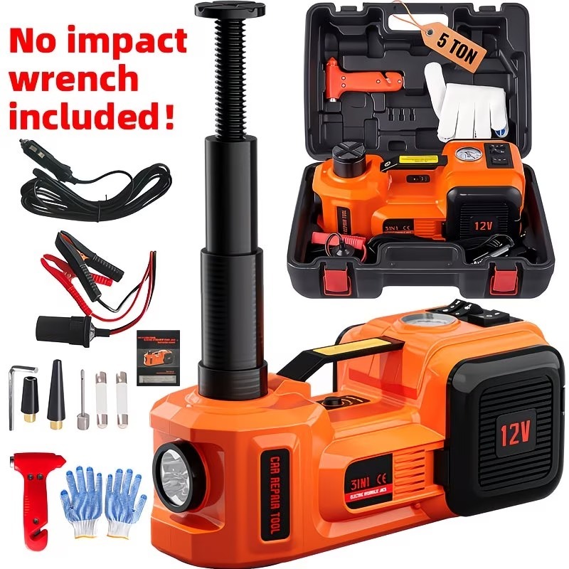 5-Ton Electric Car Jack — Electric Jack Kit with Impact Wrench and Tire Inflator Pump; Features Built-in Air Pump and LED Light; Suitable for Tire Changes and Garage Repairs on SUVs, MPVs, Sedans, and Trucks.