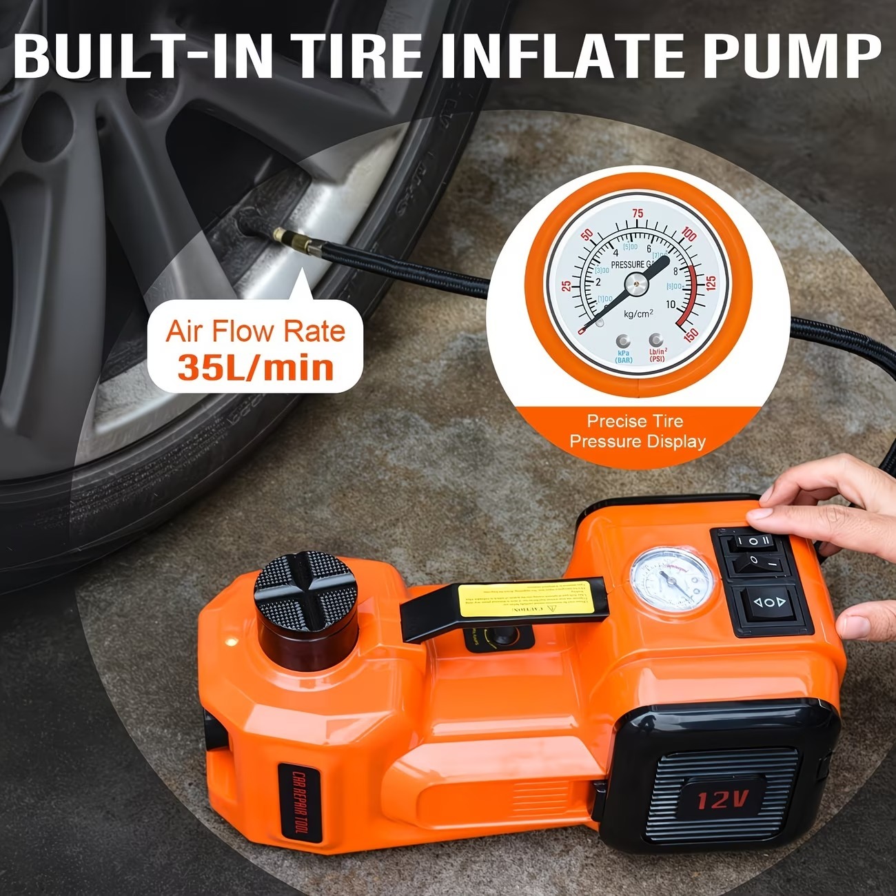 5-Ton Electric Car Jack — Electric Jack Kit with Impact Wrench and Tire Inflator Pump; Features Built-in Air Pump and LED Light; Suitable for Tire Changes and Garage Repairs on SUVs, MPVs, Sedans, and Trucks.