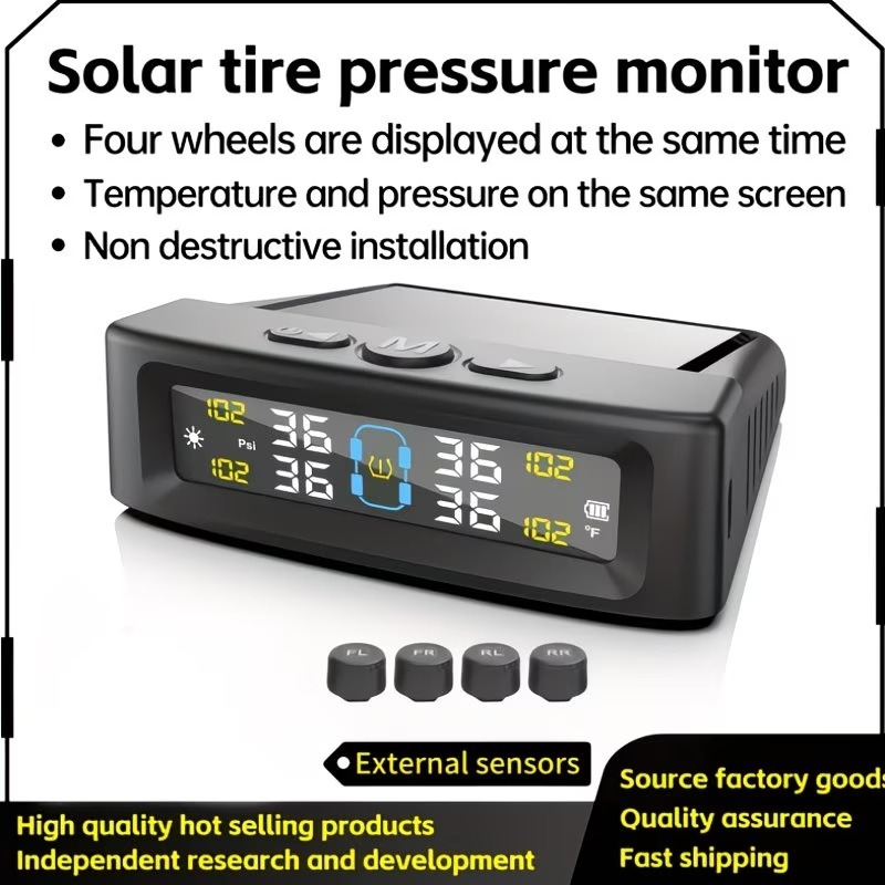 Tire Pressure Monitoring System (TPMS) — Universal Wireless Solar-Powered System with External Sensors, Suitable for 36V and Below; Accurately Detects Tire Pressure.