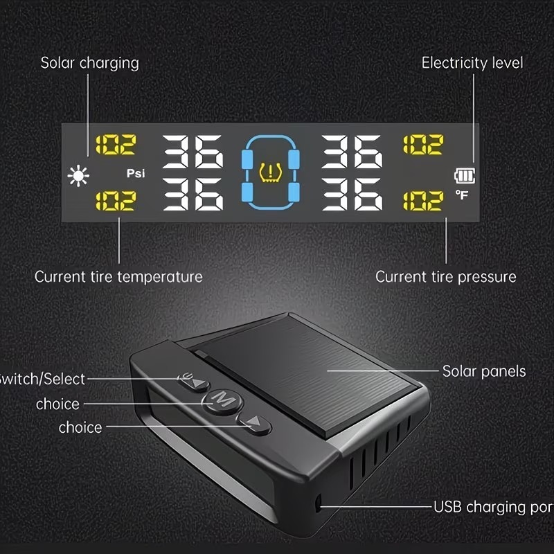 Tire Pressure Monitoring System (TPMS) — Universal Wireless Solar-Powered System with External Sensors, Suitable for 36V and Below; Accurately Detects Tire Pressure.