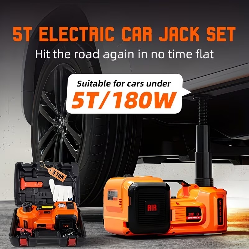 5-Ton Electric Car Jack — Electric Jack Kit with Impact Wrench and Tire Inflator Pump; Features Built-in Air Pump and LED Light; Suitable for Tire Changes and Garage Repairs on SUVs, MPVs, Sedans, and Trucks.