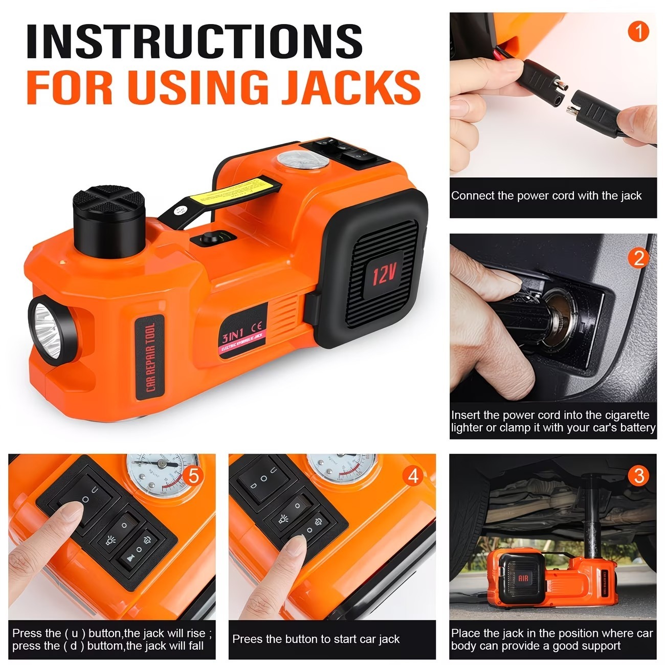 5-Ton Electric Car Jack — Electric Jack Kit with Impact Wrench and Tire Inflator Pump; Features Built-in Air Pump and LED Light; Suitable for Tire Changes and Garage Repairs on SUVs, MPVs, Sedans, and Trucks.
