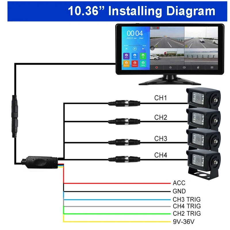 iPoster  10.36" Touch Screen Quad Monitor DVR Video Recorder 4x 1080P 4PIN Rear View Reversing Camera For Truck Caravan Trailer