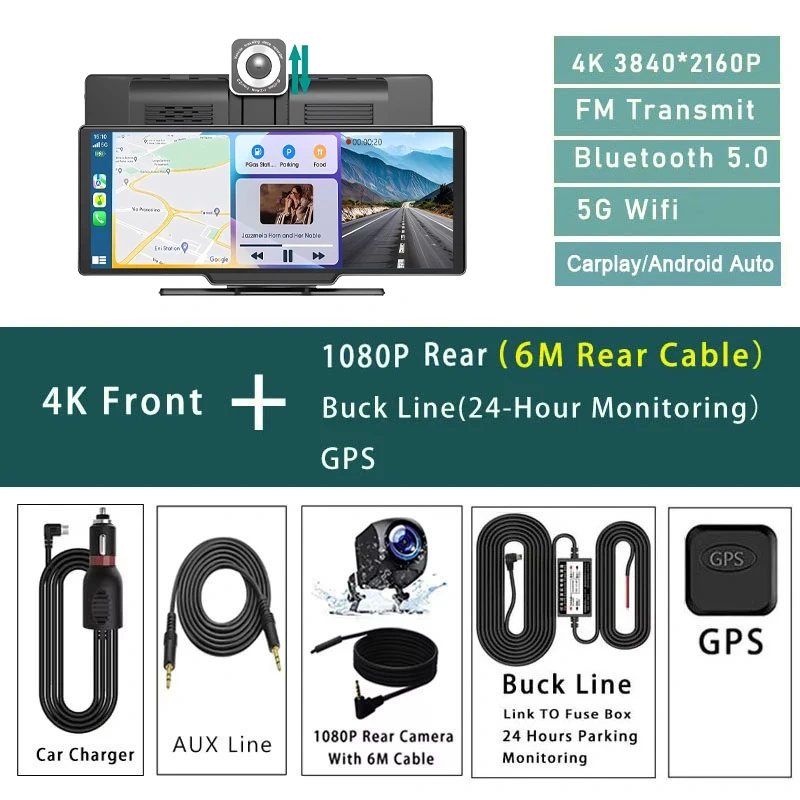 4K 3840*2160P Dual Lens Dash Cam 10.26 Inch Carplay Android Auto GPS 5G WiFi FM BT Black Box Truck Camera Drive Recorder