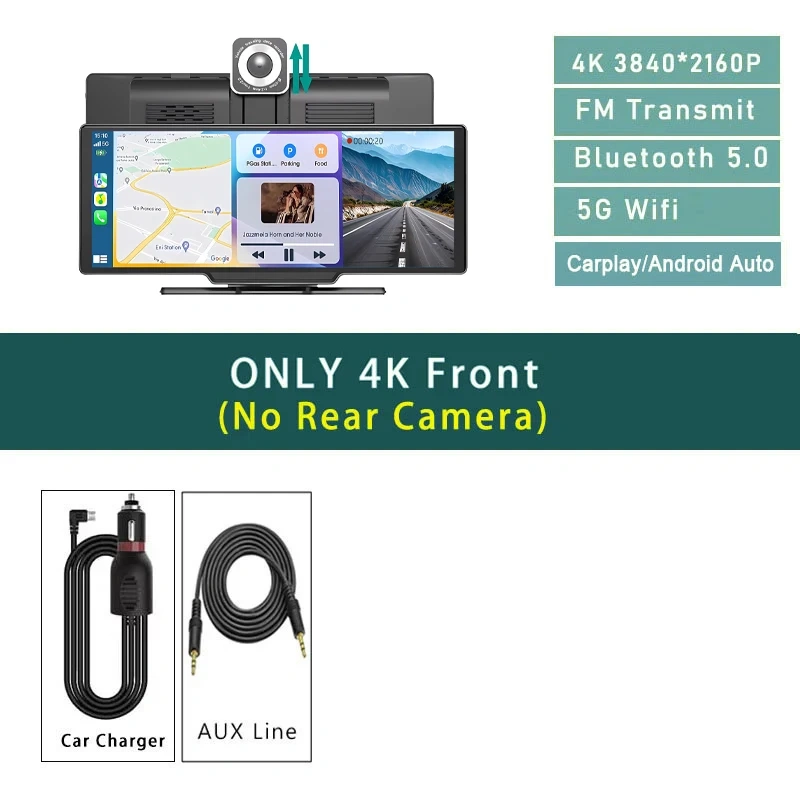 4K 3840*2160P Dual Lens Dash Cam 10.26 Inch Carplay Android Auto GPS 5G WiFi FM BT Black Box Truck Camera Drive Recorder