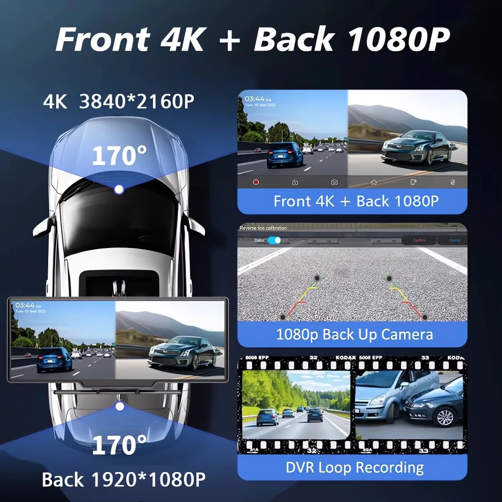 4K 3840*2160P Dual Lens Dash Cam 10.26 Inch Carplay Android Auto GPS 5G WiFi FM BT Black Box Truck Camera Drive Recorder