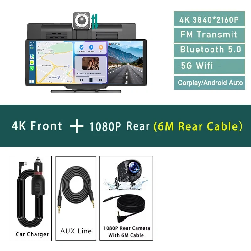 4K 3840*2160P Dual Lens Dash Cam 10.26 Inch Carplay Android Auto GPS 5G WiFi FM BT Black Box Truck Camera Drive Recorder