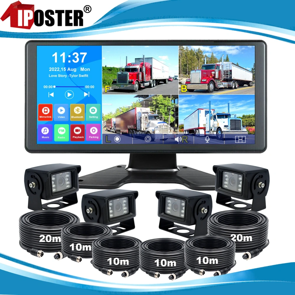 iPoster  10.36" Touch Screen Quad Monitor DVR Video Recorder 4x 1080P 4PIN Rear View Reversing Camera For Truck Caravan Trailer