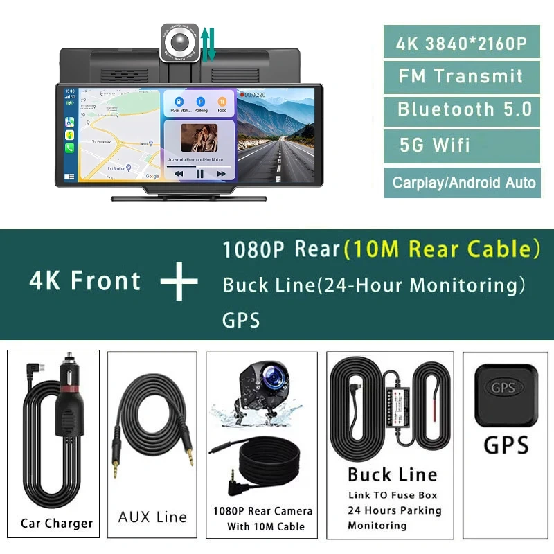 4K 3840*2160P Dual Lens Dash Cam 10.26 Inch Carplay Android Auto GPS 5G WiFi FM BT Black Box Truck Camera Drive Recorder