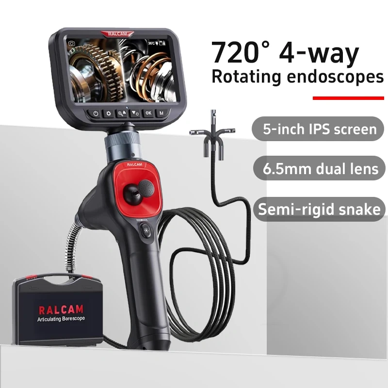 RALCAM 5 Inch Big Screen Steering Endoscope Dual Lens 6mm 4Way 720° For Engine Sewer Inspection Industrial Borescope