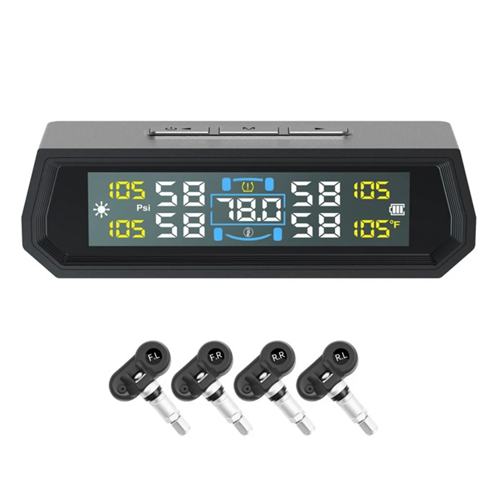 Solar/USB Powered Tire Pressure Monitoring System with 4 Sensors Tire Pressure Monitor System LCD Display for RV Sedan SUV Truck