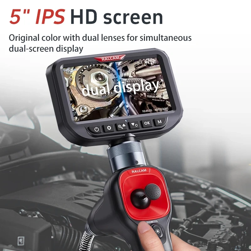 RALCAM 5 Inch Big Screen Steering Endoscope Dual Lens 6mm 4Way 720° For Engine Sewer Inspection Industrial Borescope