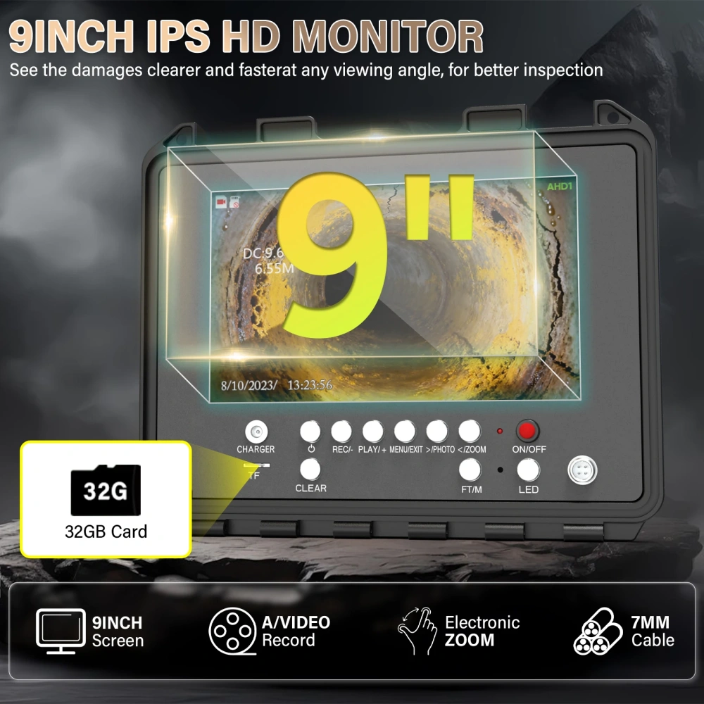 9" Pipe Inspection Camera 512HZ Self-leveling Meter Counter 7MM Diameter IP68 Drain Sewer Pipeline Video Industrial Endoscope