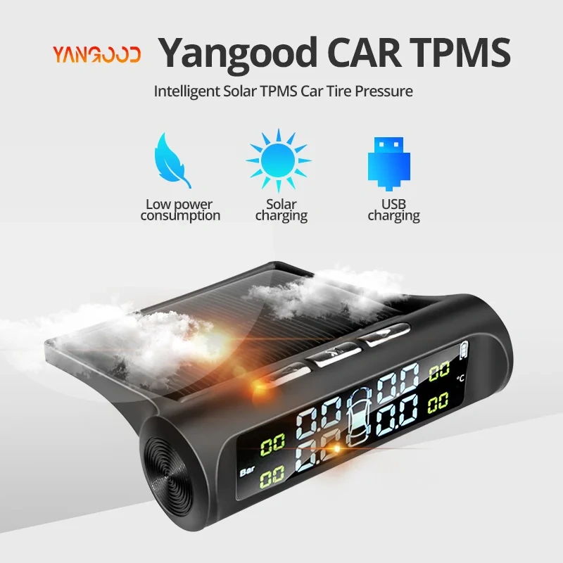 Yangood TPMS Car Tire Pressure Warning Alarm Digital Colorful Display USB Solar Charging 4 Built-in&External Sensors Waterproof