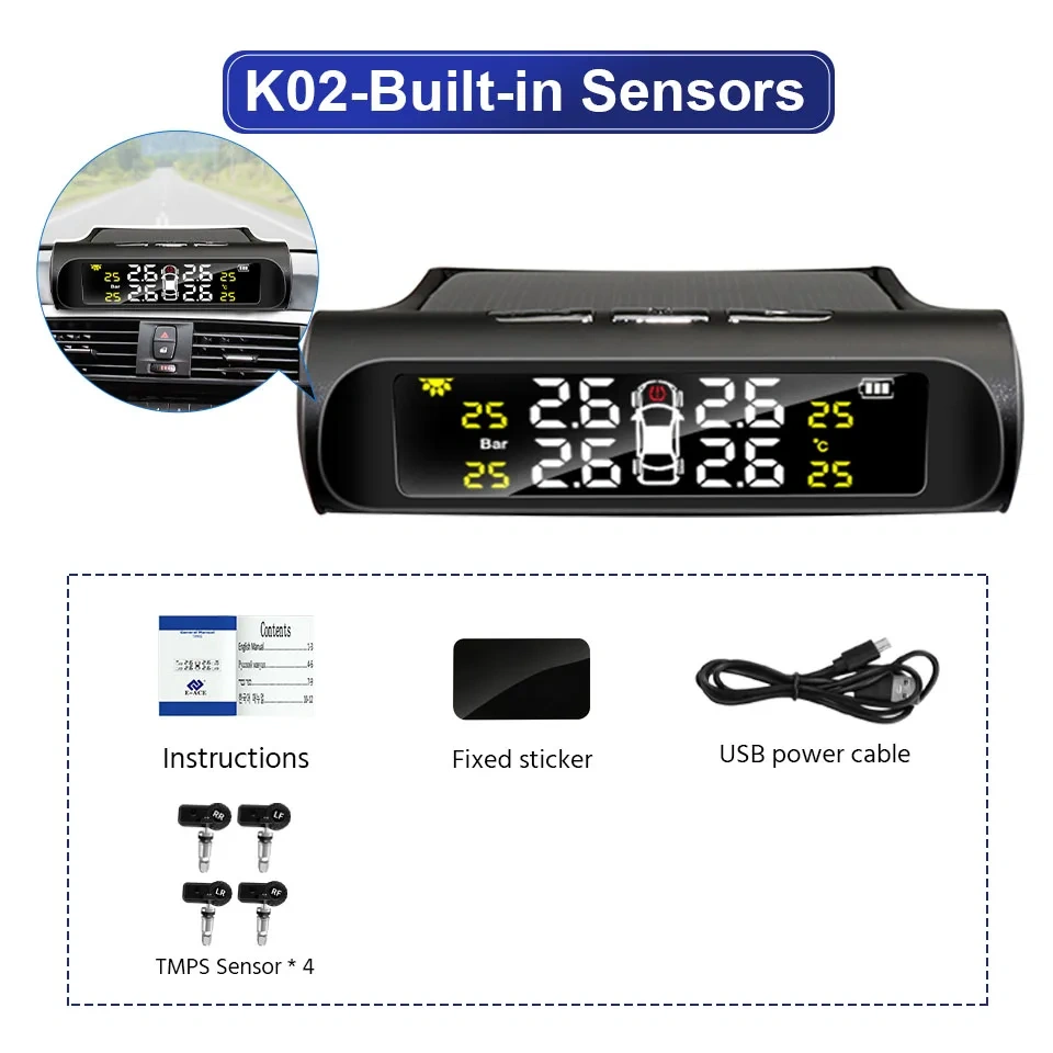 Yangood TPMS Car Tire Pressure Warning Alarm Digital Colorful Display USB Solar Charging 4 Built-in&External Sensors Waterproof