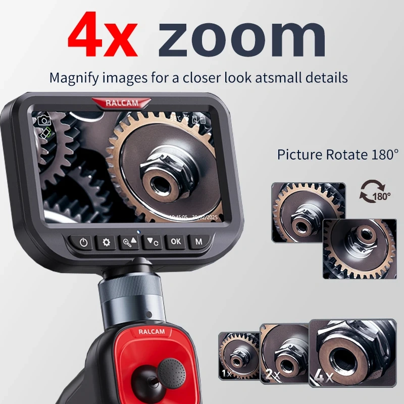 RALCAM 5 Inch Big Screen Steering Endoscope Dual Lens 6mm 4Way 720° For Engine Sewer Inspection Industrial Borescope