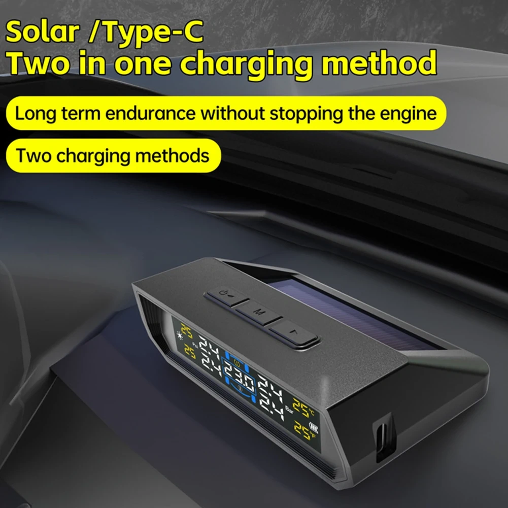 Solar/USB Powered Tire Pressure Monitoring System with 4 Sensors Tire Pressure Monitor System LCD Display for RV Sedan SUV Truck