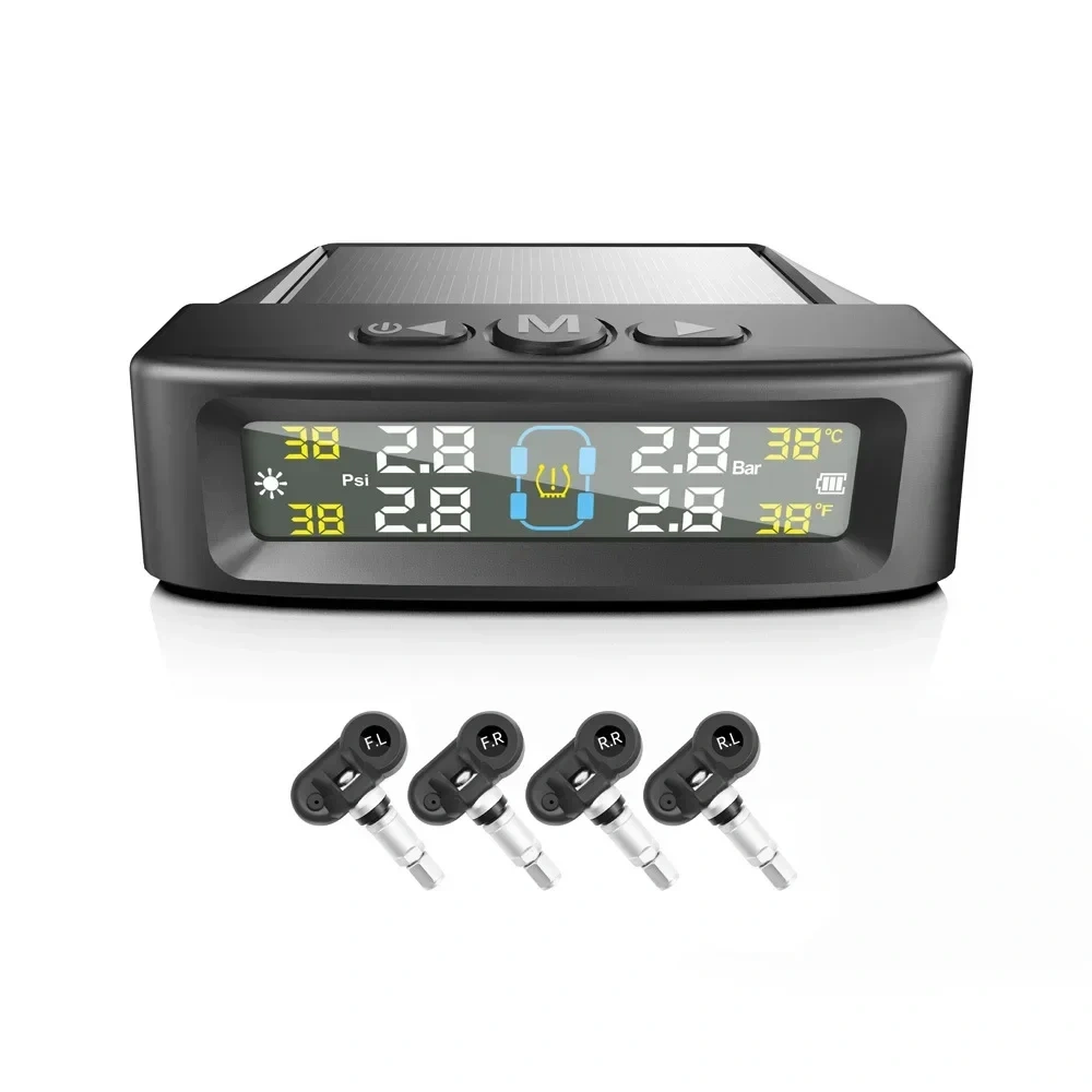 TPMS Tire Pressure Monitoring System Car Safety Alarm System Wireless Solar&USB Powered 4 Sensors with Color Digital Display