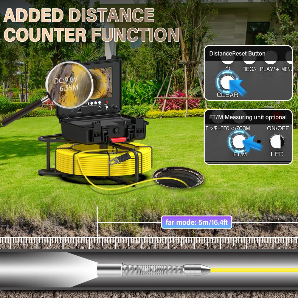 9" Pipe Inspection Camera 512HZ Self-leveling Meter Counter 7MM Diameter IP68 Drain Sewer Pipeline Video Industrial Endoscope