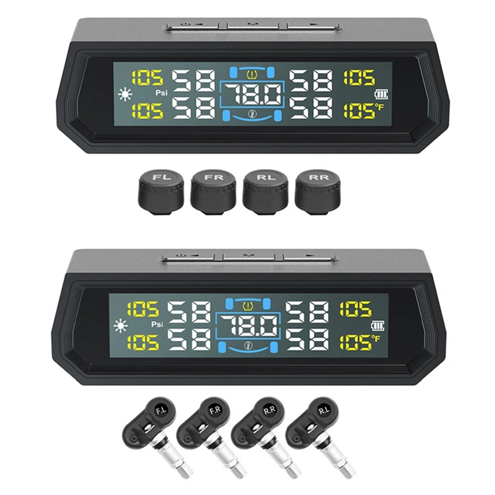 Solar/USB Powered Tire Pressure Monitoring System with 4 Sensors Tire Pressure Monitor System LCD Display for RV Sedan SUV Truck