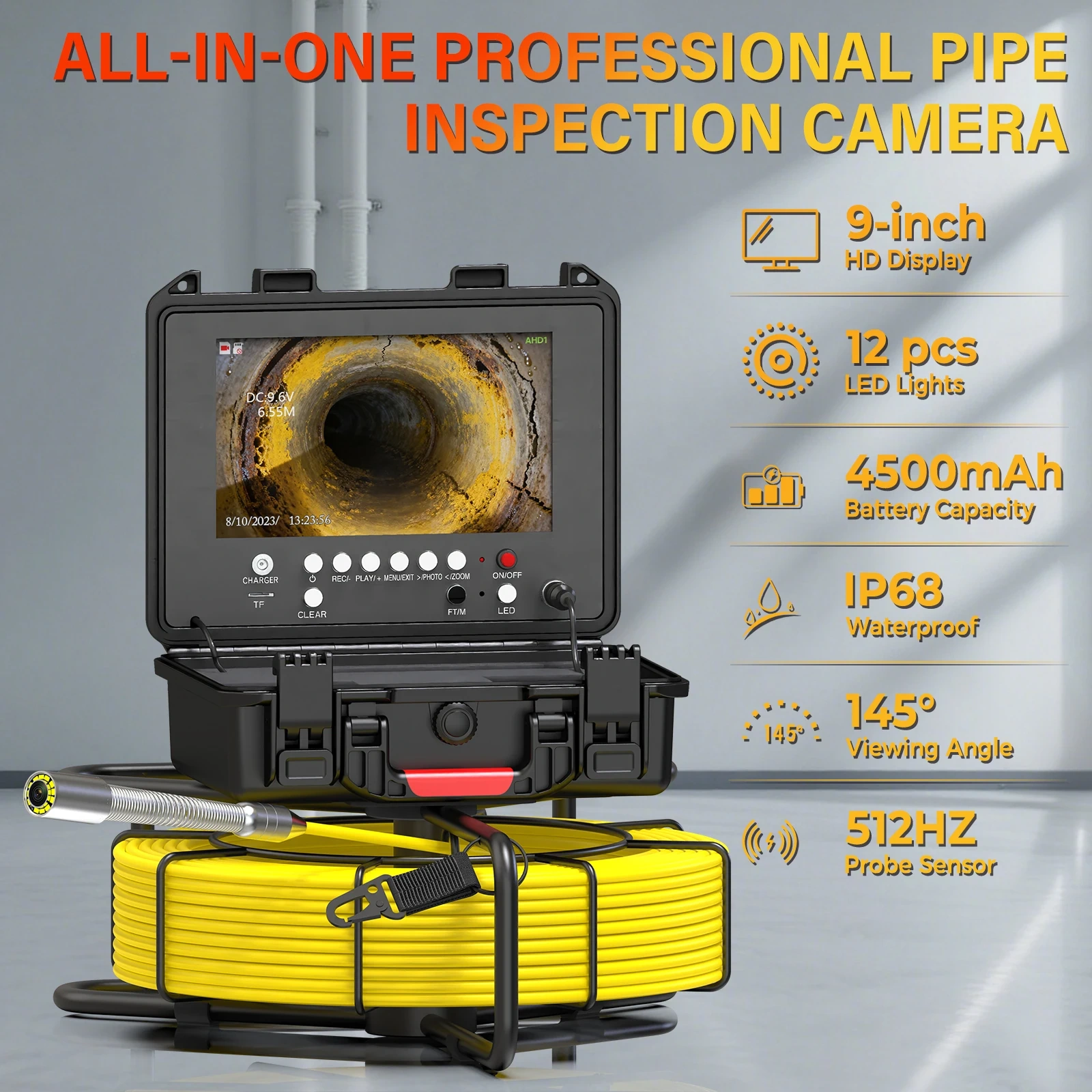 9" Pipe Inspection Camera 512HZ Self-leveling Meter Counter 7MM Diameter IP68 Drain Sewer Pipeline Video Industrial Endoscope