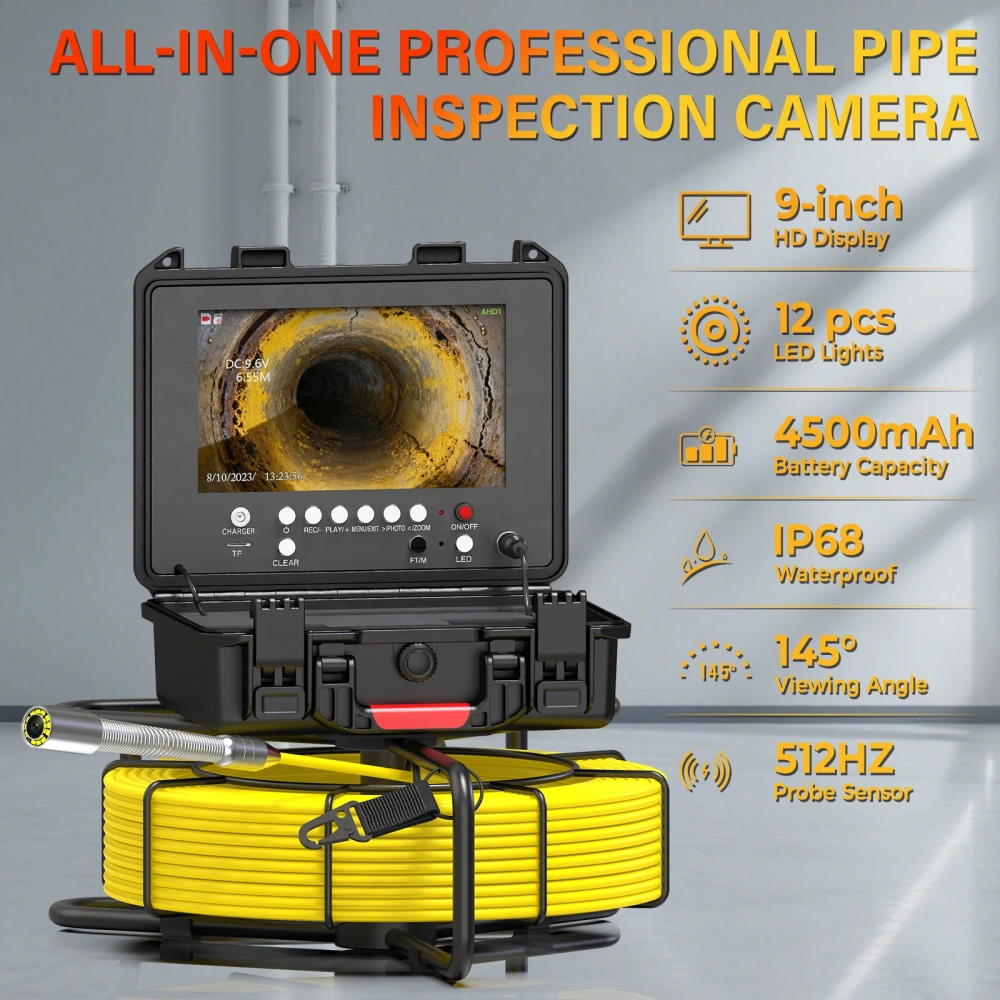 9" Pipe Inspection Camera 512HZ Self-leveling Meter Counter 7MM Diameter IP68 Drain Sewer Pipeline Video Industrial Endoscope