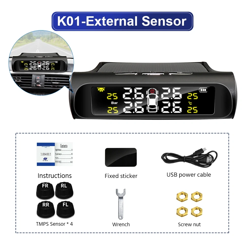 Yangood TPMS Car Tire Pressure Warning Alarm Digital Colorful Display USB Solar Charging 4 Built-in&External Sensors Waterproof