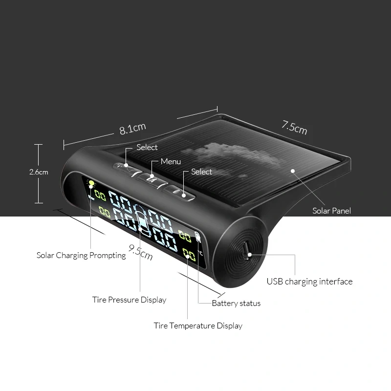 Yangood TPMS Car Tire Pressure Warning Alarm Digital Colorful Display USB Solar Charging 4 Built-in&External Sensors Waterproof
