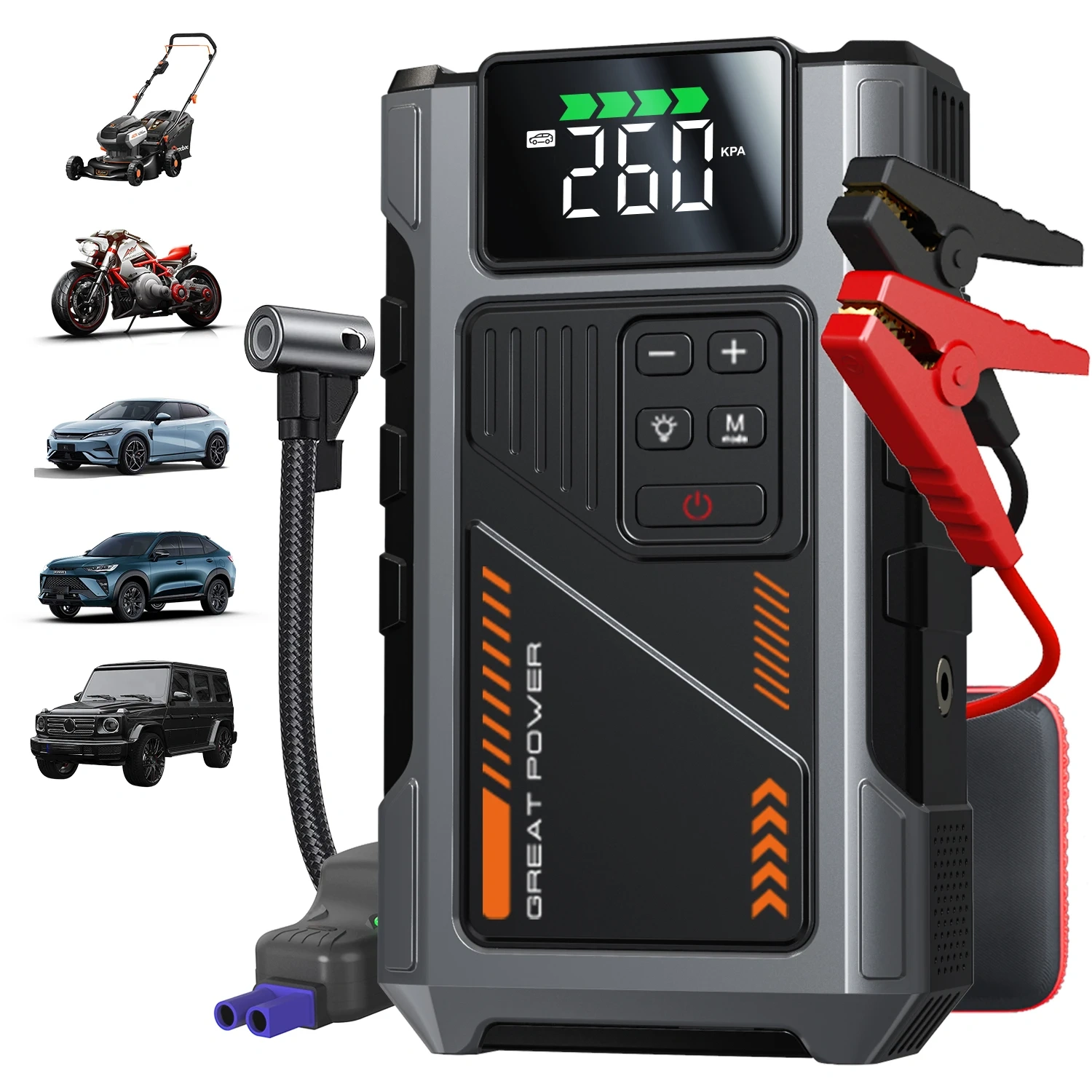 Portable Car Jump Starter With Air Compressor, 3000A Peak(7.5L Gas, 6.5L Diesel) , Jump Starter Battery PackWith150 PSl Tire Inf