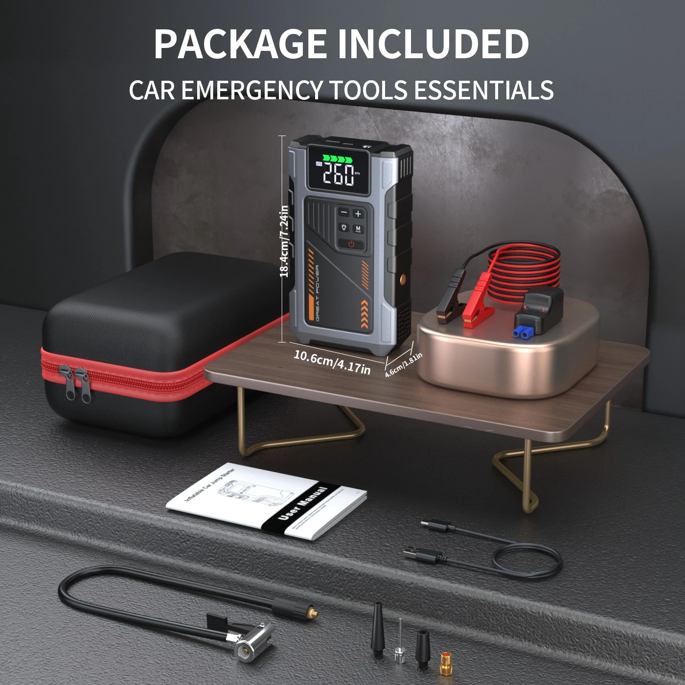 Portable Car Jump Starter With Air Compressor, 3000A Peak(7.5L Gas, 6.5L Diesel) , Jump Starter Battery PackWith150 PSl Tire Inf