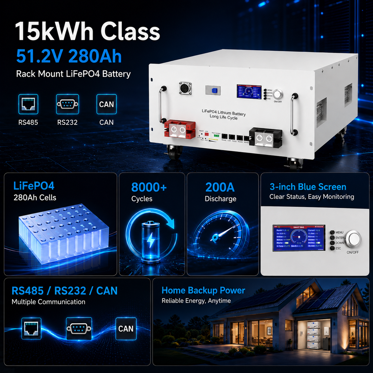 51.2V 280Ah LiFePO4 Home Energy Storage Battery | 14.3kWh Solar Battery System