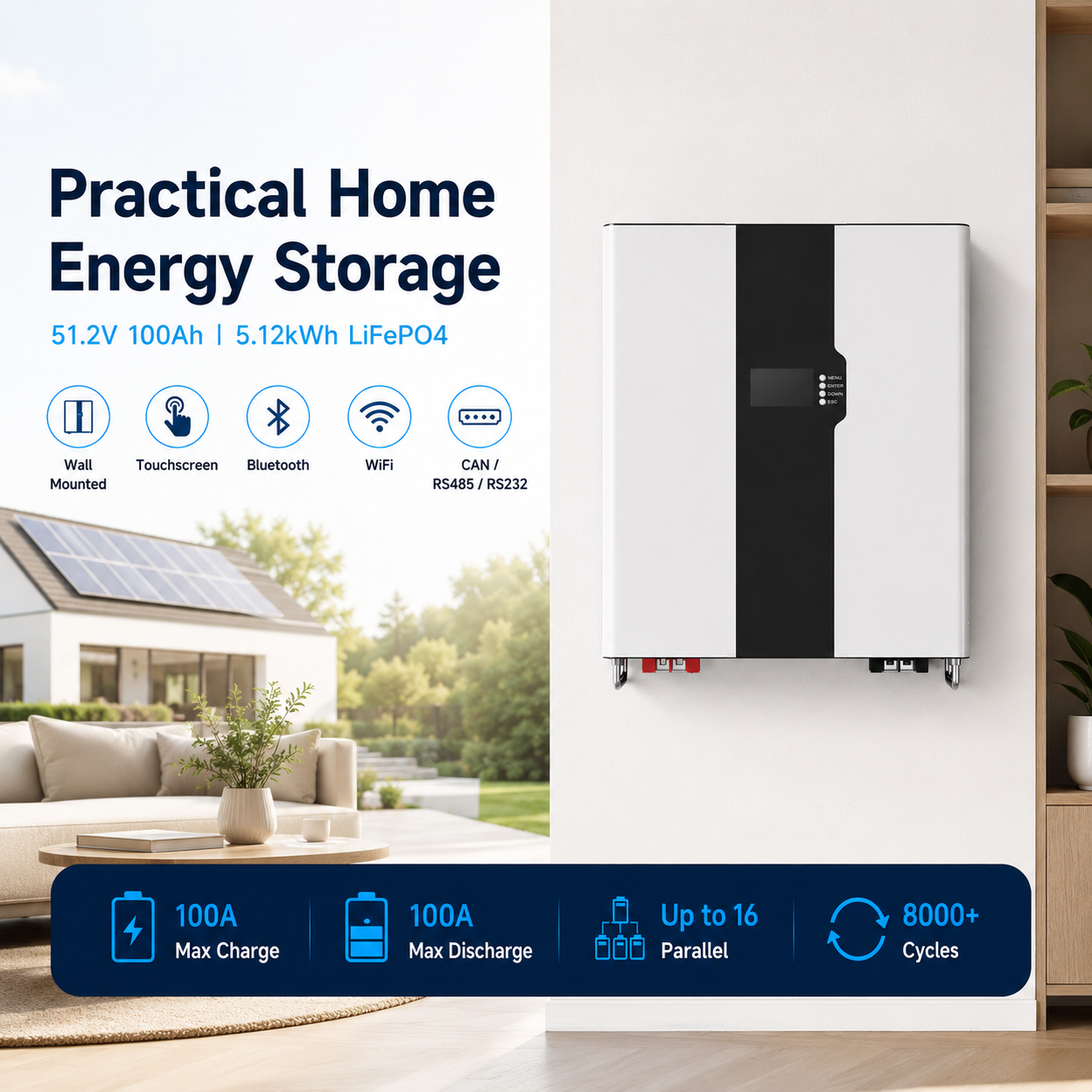 51.2V 100Ah LiFePO4 Wall-Mounted Home Energy Storage Battery | 5.12kWh Solar Battery System
