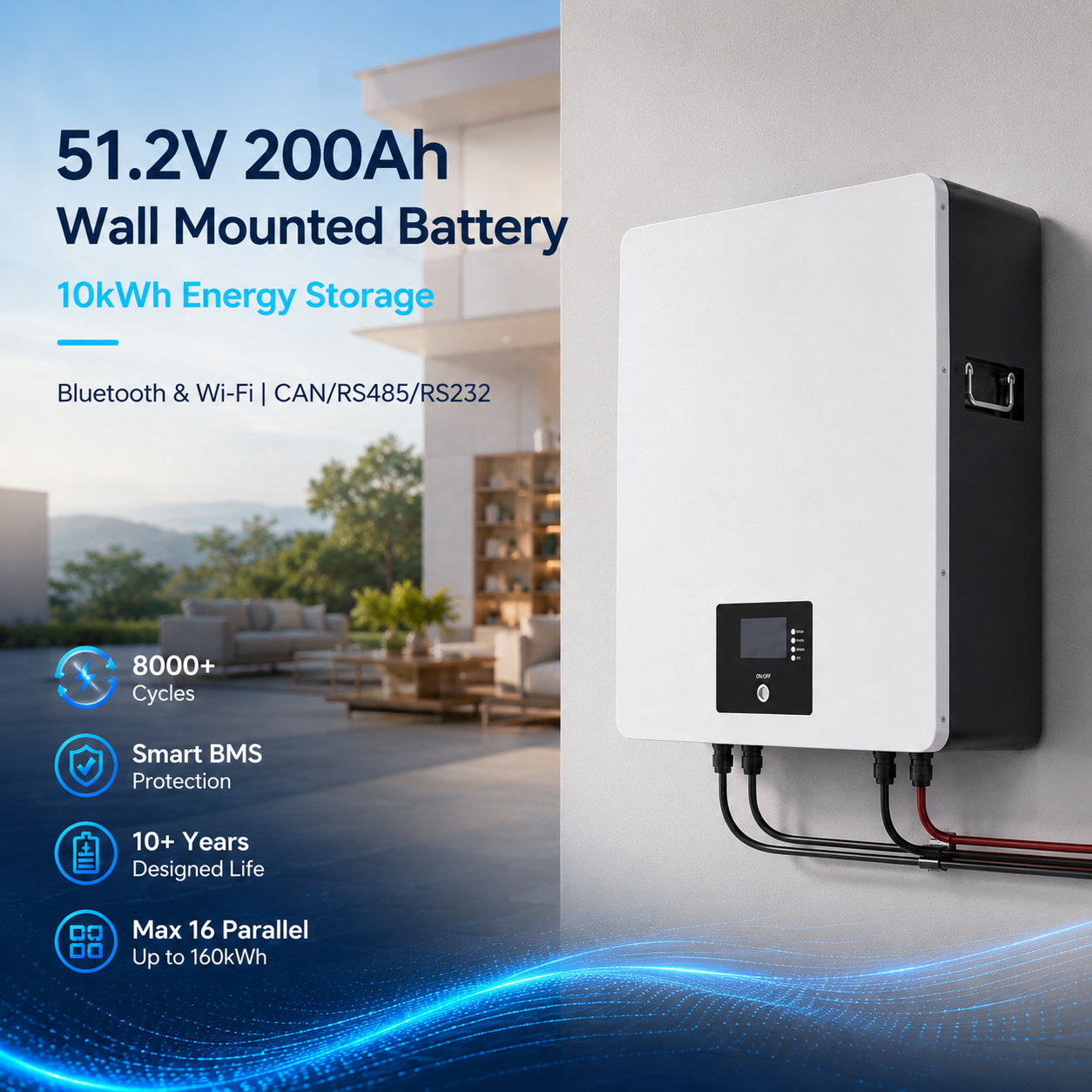 51.2V 200Ah LiFePO4 Wall Mounted Home Energy Storage Battery | 10.24kWh Solar Battery System