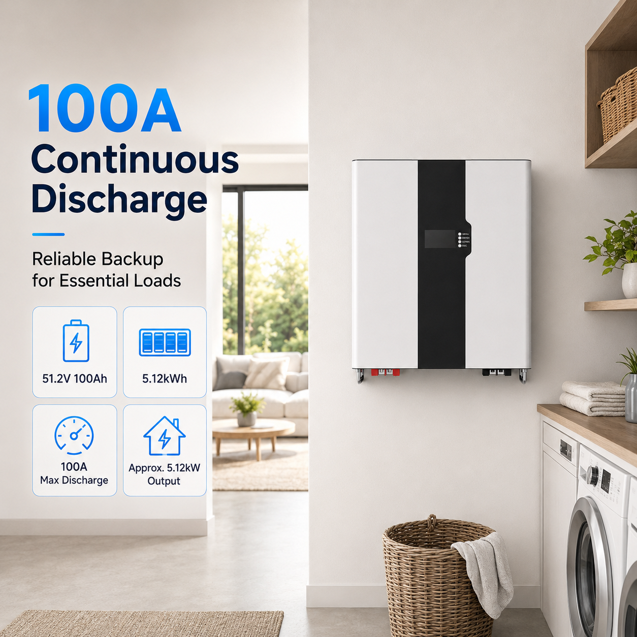 51.2V 100Ah LiFePO4 Wall-Mounted Home Energy Storage Battery | 5.12kWh Solar Battery System