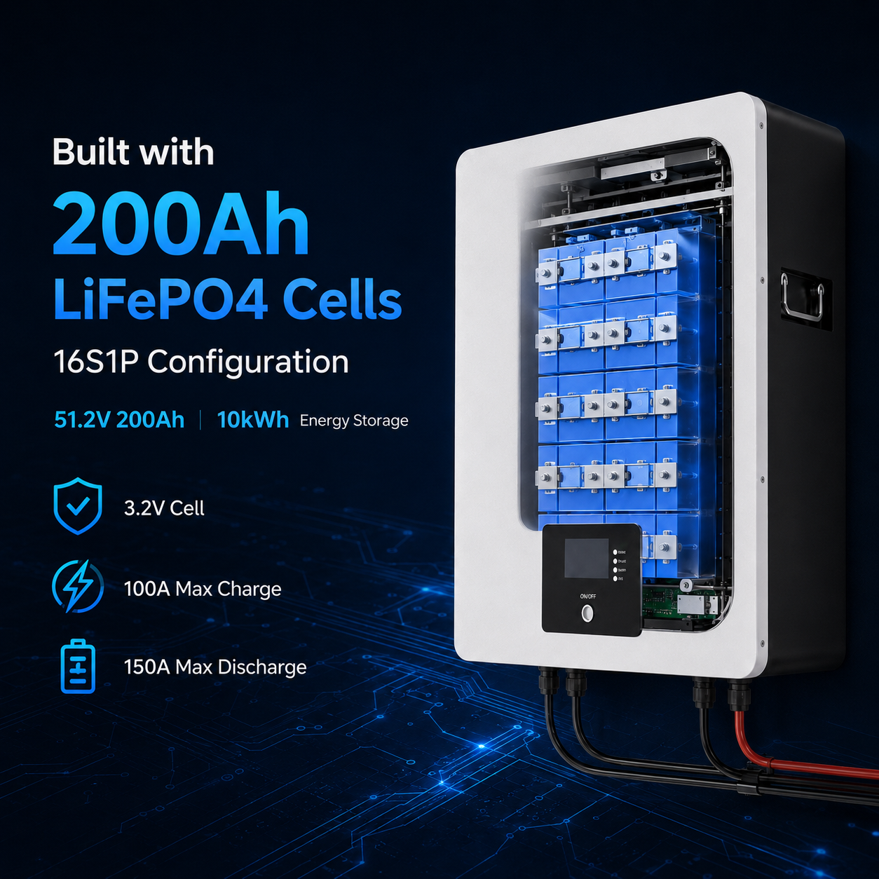 51.2V 200Ah LiFePO4 Wall Mounted Home Energy Storage Battery | 10.24kWh Solar Battery System