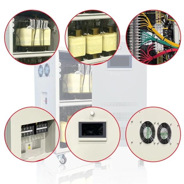 Estabilizador de potência trifásico SCR de 30 kVA, 50 kVA, 60 kVA e 100 kVA com regulador de tiristor.