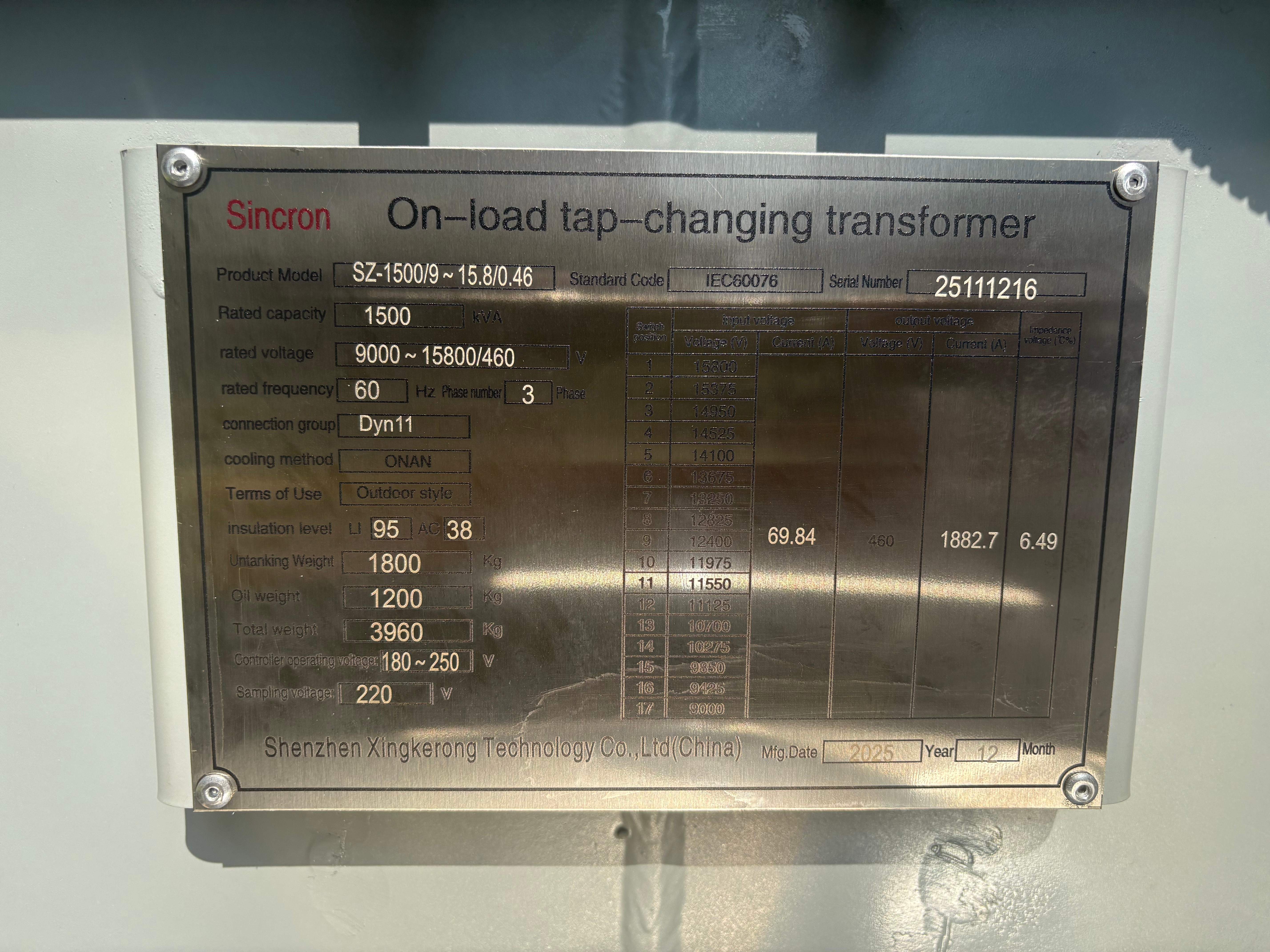 On Load Tap Changing Transformer 1500KVA 3 Phase Oil Immersed 11kV 15kV to 460V 60Hz Dyn11 Power Distribution Transformer