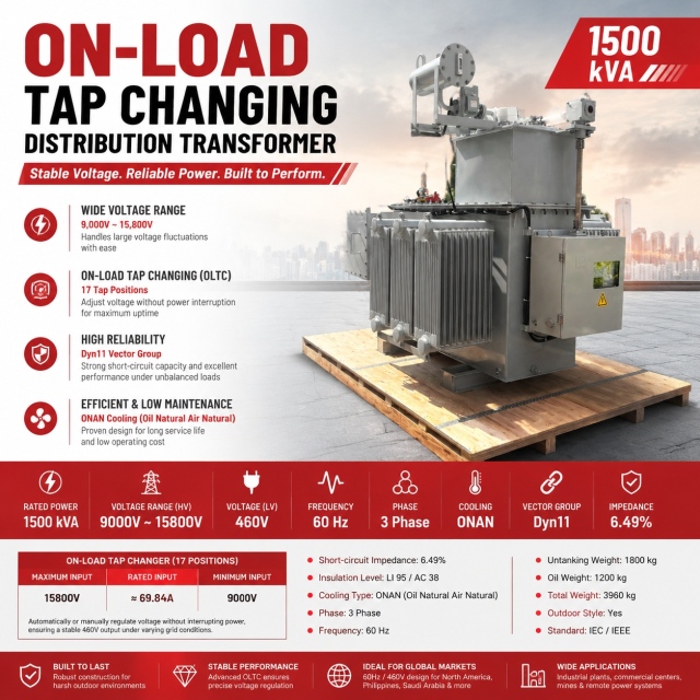 On Load Tap Changing Transformer 1500KVA 3 Phase Oil Immersed 11kV 15kV to 460V 60Hz Dyn11 Power Distribution Transformer