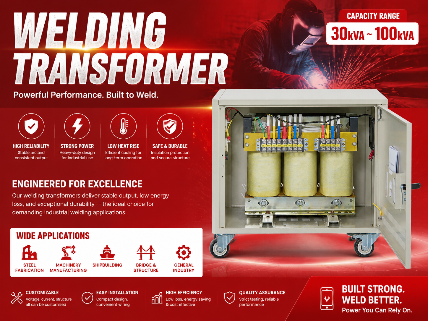 交流弧焊变压器，380V，三相，30KVA至100KVA，专用于工业焊机