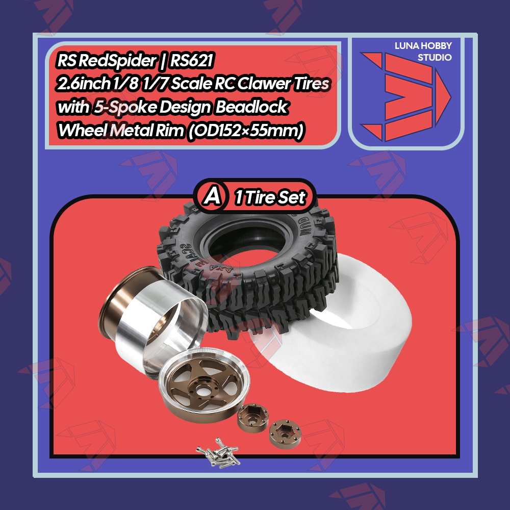 RS RedSpider 2.6inch 1/8 Scale RC Clawer Tires RS621 with 5-Spoke Beadlock Wheel Metal Rim CK RLAARLO MK07 RBX10 1/7 Scale TigerShark Compatible｜LunaHobbyStudio LHS