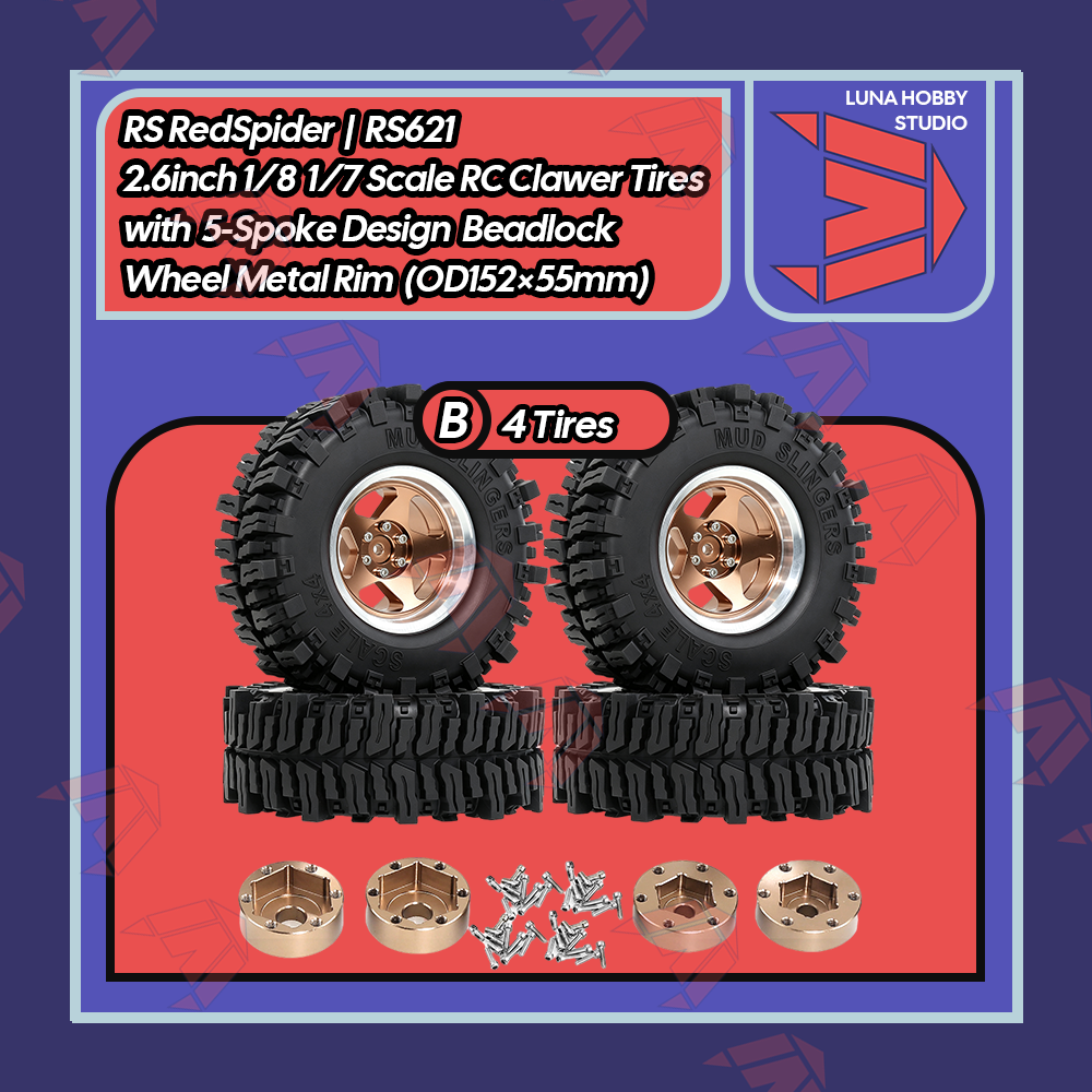 RS RedSpider 2.6inch 1/8 Scale RC Clawer Tires RS621 with 5-Spoke Beadlock Wheel Metal Rim CK RLAARLO MK07 RBX10 1/7 Scale TigerShark Compatible｜LunaHobbyStudio LHS