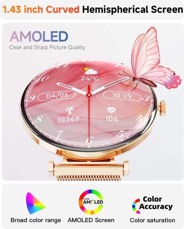 Hwagol Smart Watch[Call/Metal Slim] Android iPhone Compatible,1.43" Micro-Spherical AMOLED Smart Watches for Women,IP68 Waterproof Fitness Tracker Pedometer/Sleep/Heart Rate Monitor(20mm Band*2)