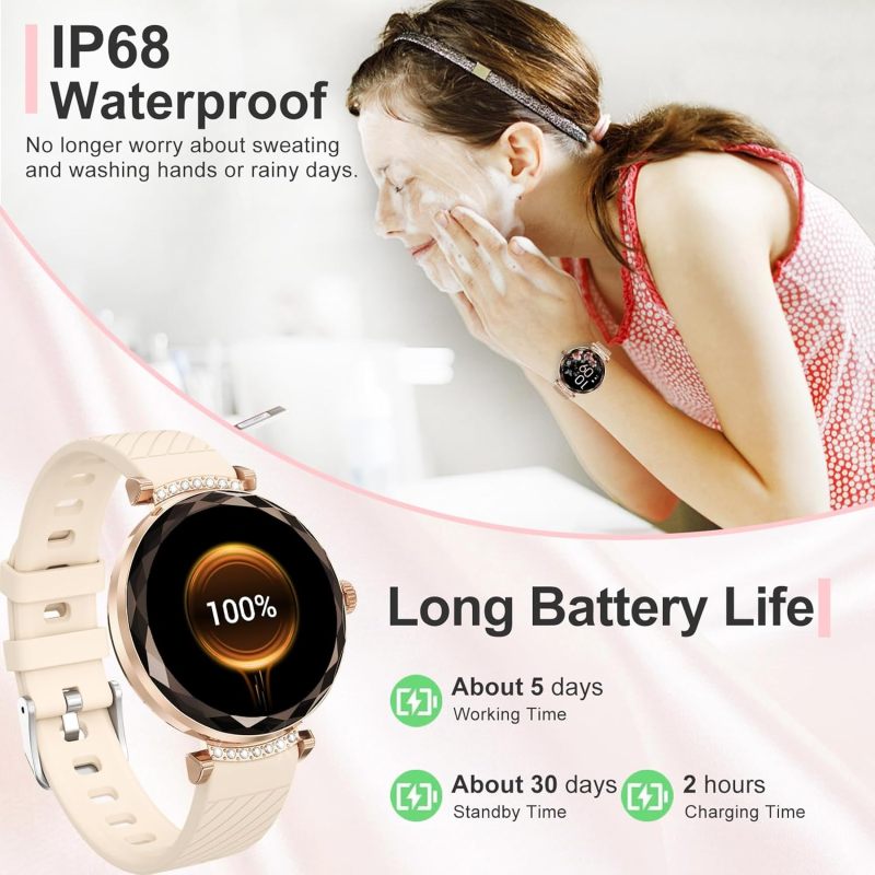 Smart Watches for Women Answer/Make Call, 1.19" AMOLED Smartwatch with Bluetooth for Android iOS Phones, IP68 Waterproof Fitness Tracker with Heart Rate SpO2 Sleep Monitor, Rose Gold