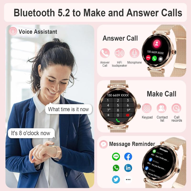 Smart Watches for Women Answer/Make Call, 1.19" AMOLED Smartwatch with Bluetooth for Android iOS Phones, IP68 Waterproof Fitness Tracker with Heart Rate SpO2 Sleep Monitor, Rose Gold