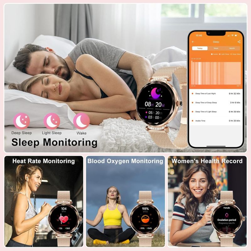 Smart Watches for Women Answer/Make Call, 1.19" AMOLED Smartwatch with Bluetooth for Android iOS Phones, IP68 Waterproof Fitness Tracker with Heart Rate SpO2 Sleep Monitor, Rose Gold