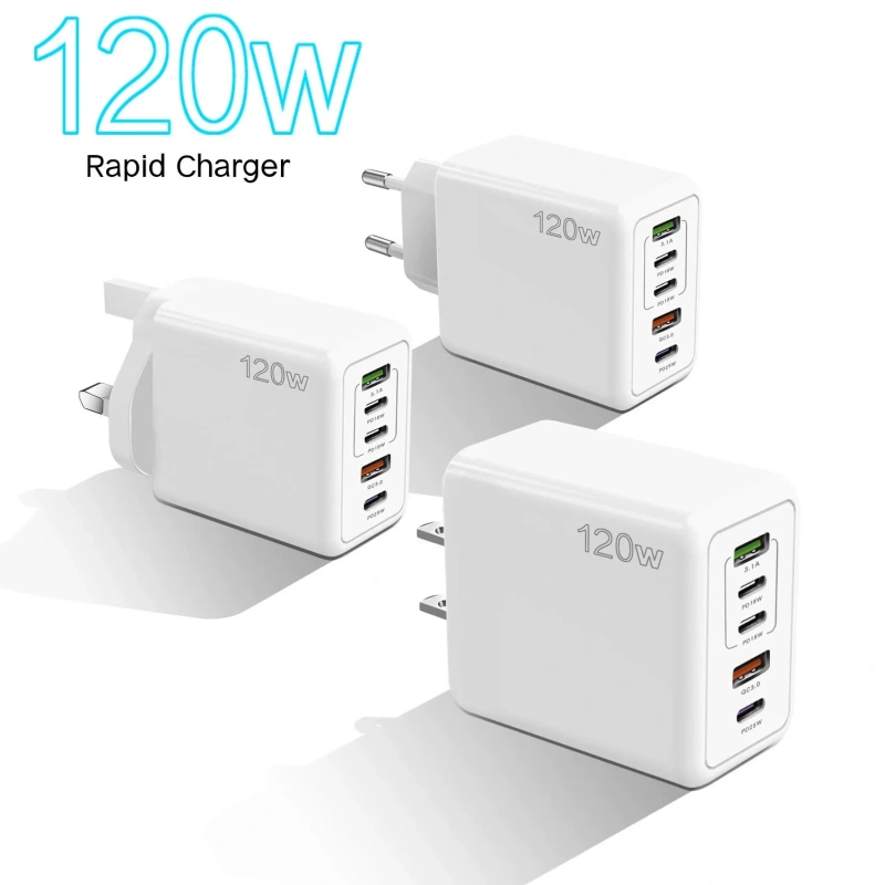 New PD120W Mobile Phone Charger 5V2.4A Compatible With All Phone US EU UK Plug PD+3USB Multi Port Adapter Charging Head